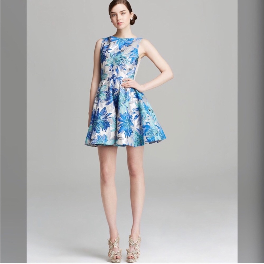 Alice + Olivia Blue Floral Jacquard Foss Dress